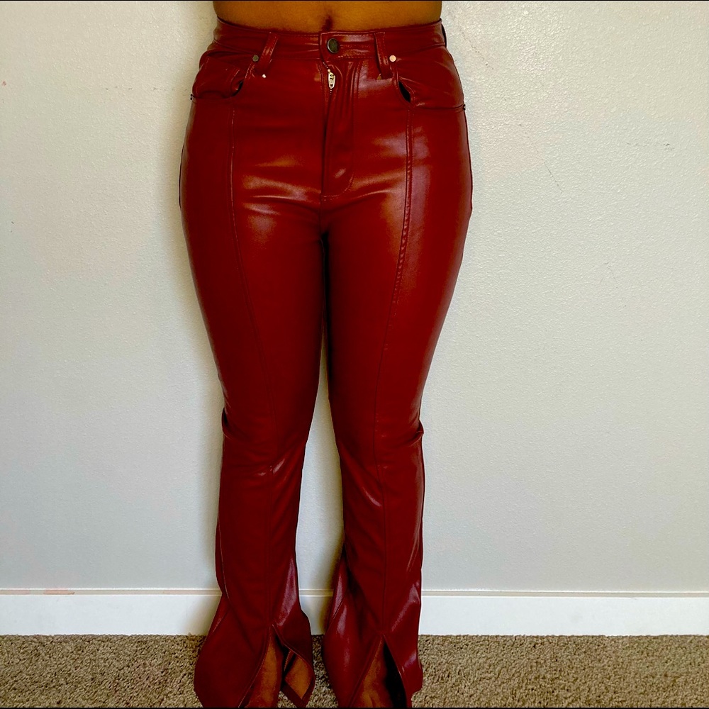 Copper Faux Leather Flare Pants